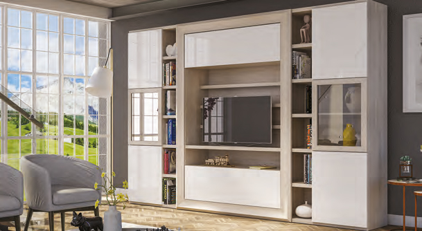 Parete attrezzata di grandi dimensioni, finitura Olmo Perla e Bianco Lucido, con antine centrali in vetro, made in Italy