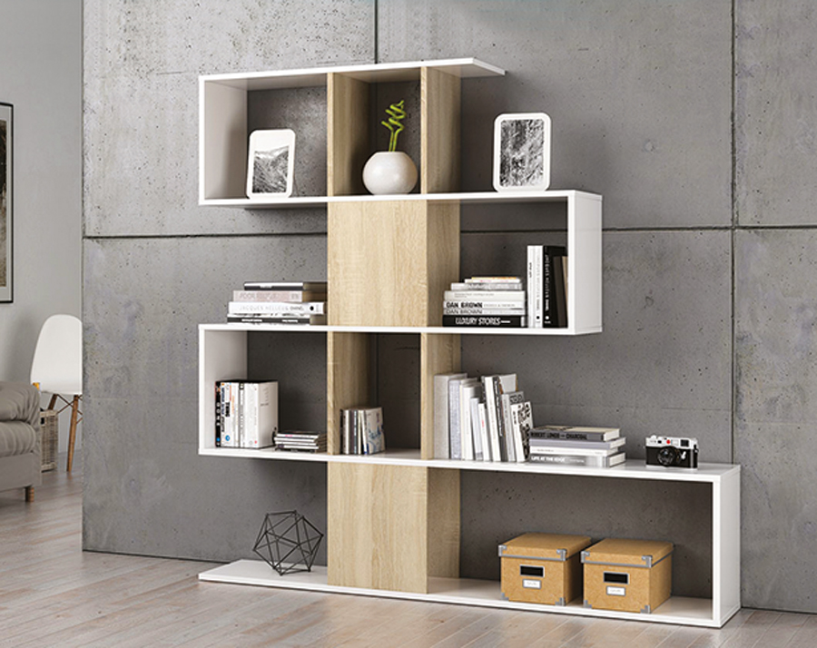 Libreria di design in legno color rovere e bianco opaco