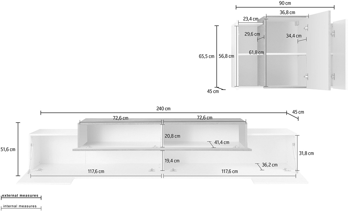 Porta Tv con pensile sospeso in finitura Bianco lucido e Pero
