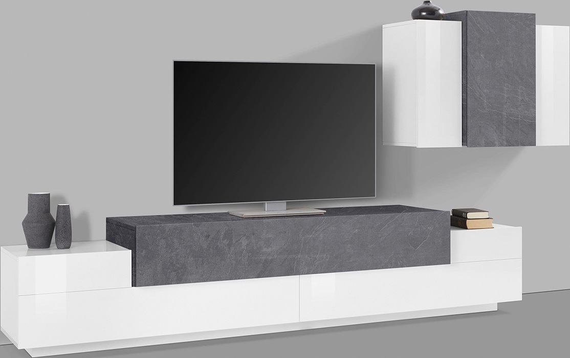 Porta Tv con pensile sospeso in finitura Bianco lucido e Ardesia 