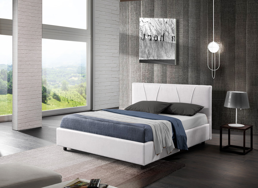 Letto matrimoniale Iris, imbottito con tessuto colore Bianco