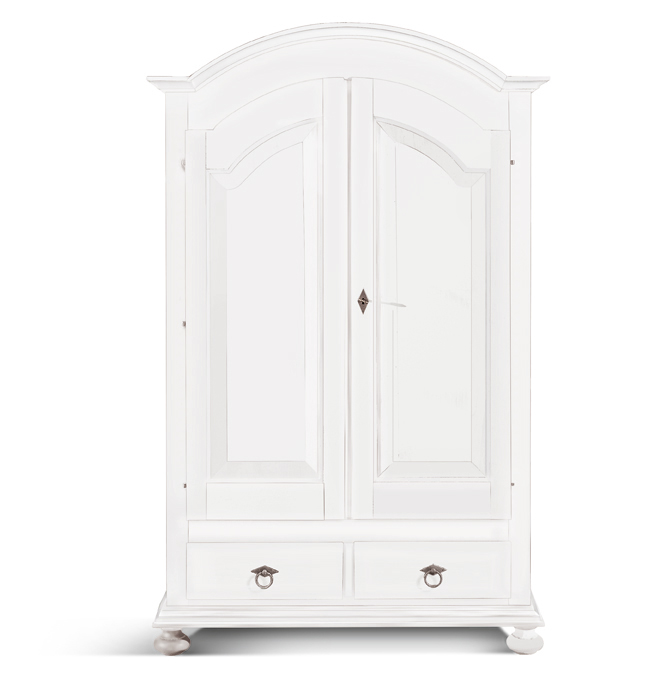 Armadio in legno, laccato bianco, cappello tondo - pomelli anticati