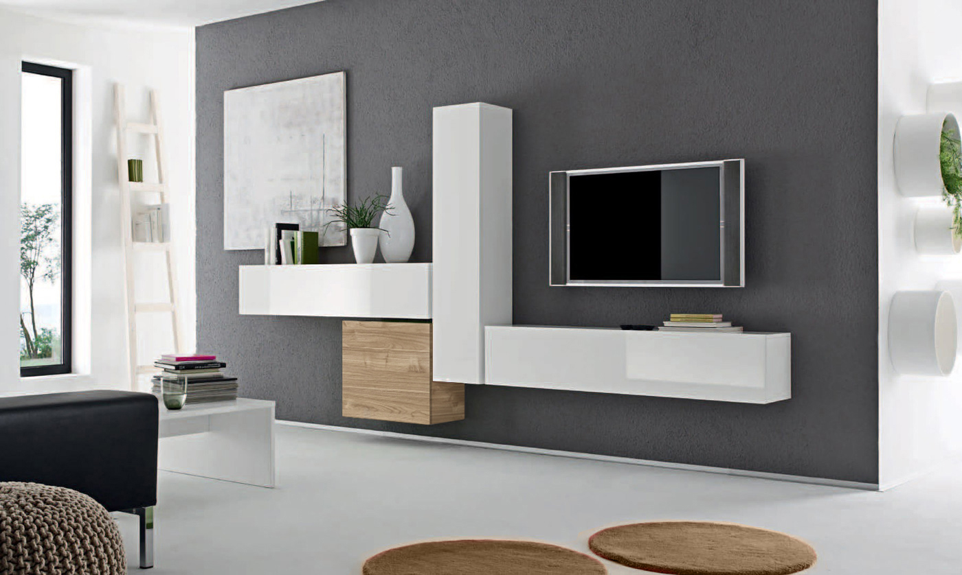 Composizione a parete bianco lucido con cubo noce stelvio