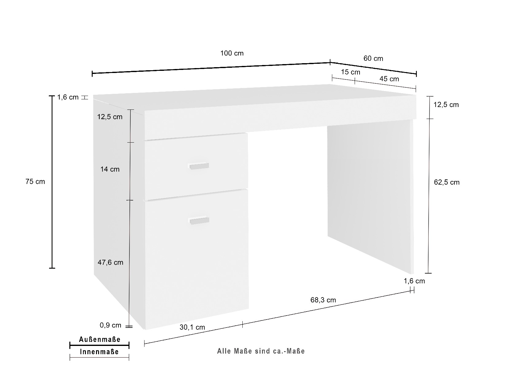 Scrivania 1 anta e 1 cassetto bianco larice, made in Italy