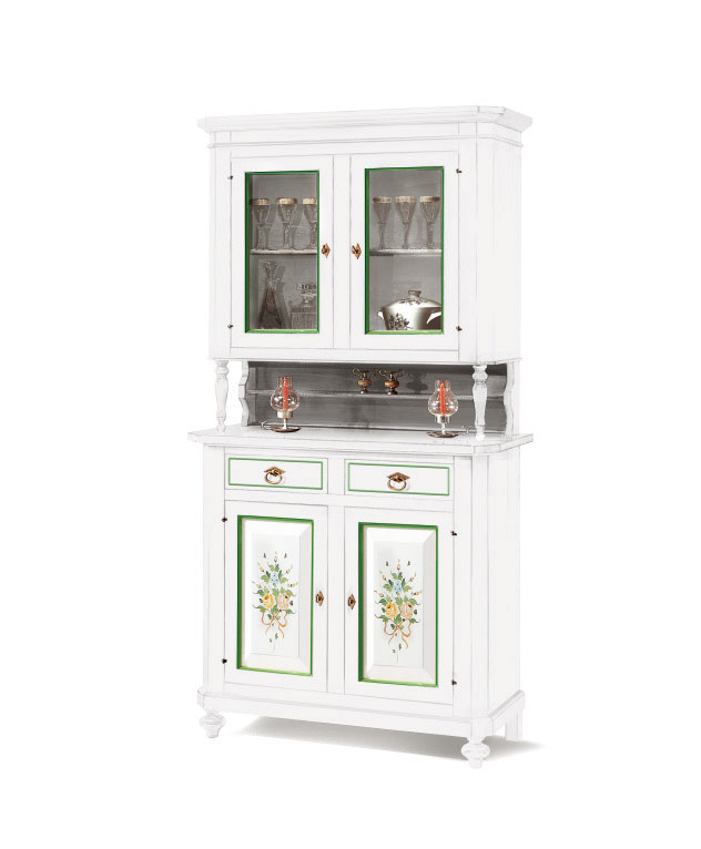 Cristalliera in legno finitura bianco con decori, 2 porte, 2 ante e 2 cassetti