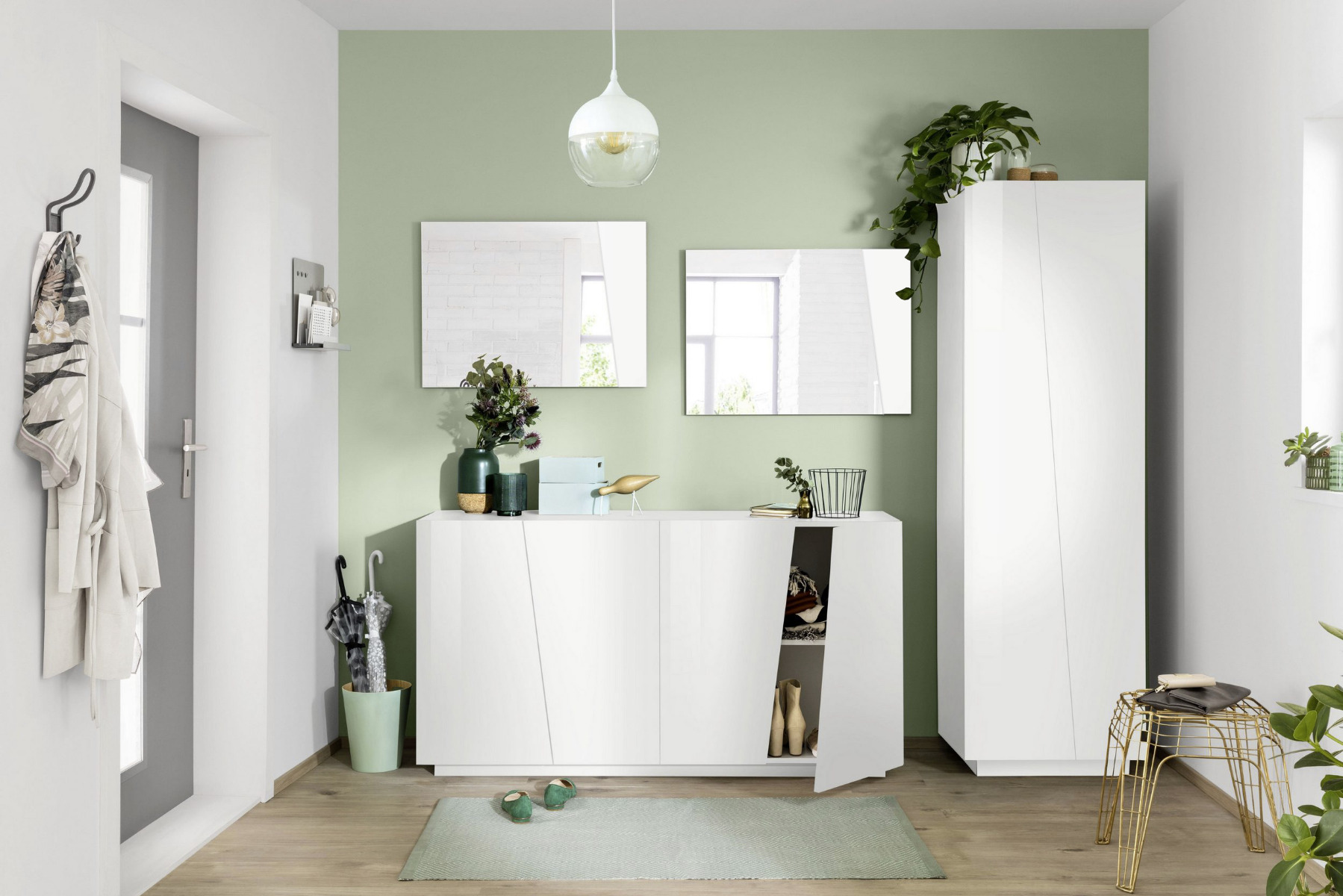 Mobili moderni ingresso, composizione d'ingresso con Madia, Armadio e Specchiere, finitura Bianco Lucido