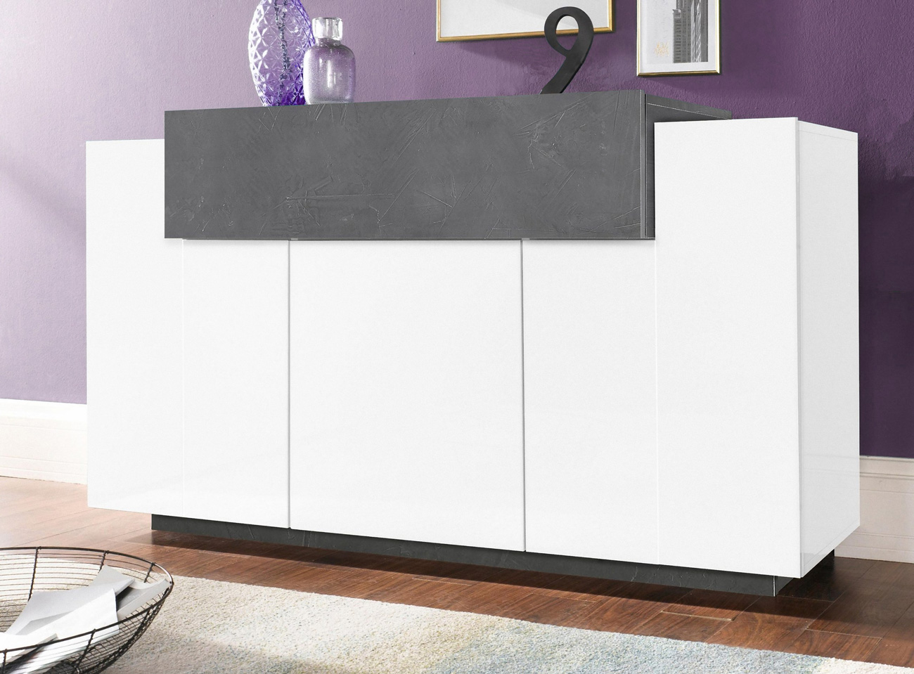 Madia moderna di design 3 ante bianca lucida con cassetto ardesia