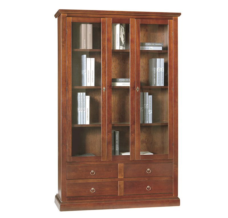 Vetrina in legno finitura lucido noce, con 3 ante in vetro e 4 cassetti