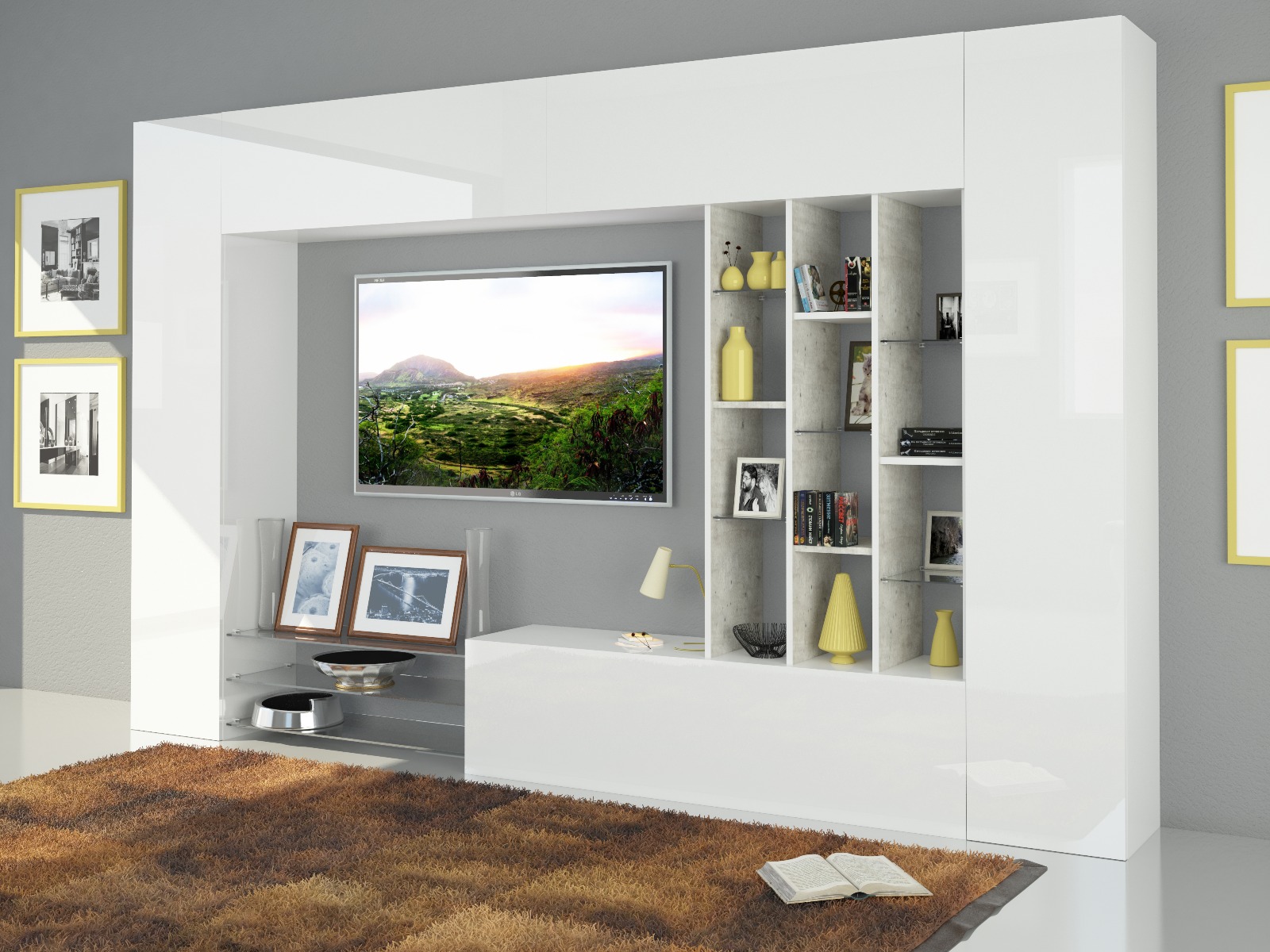 ACQUISTA ANCHE TU Parete attrezzata con ripiani in vetro e pensili a vasistas, finitura bianco e cemento