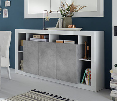 Madia scontata a 3 ante, finitura Bianco lucido e cemento, Made in Italy