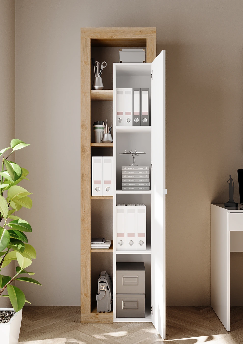 Composizione, libreria e scrivania, Bianco lucido e Cadiz