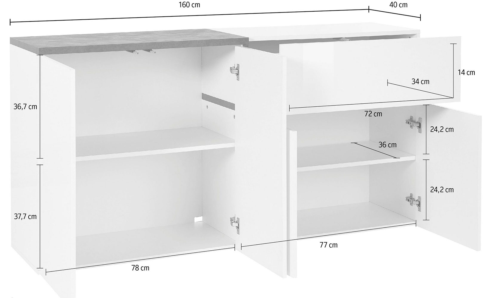 Promozione madia moderna con 4 ante e 1 cassetto in finitura Bianco lucido e Ardesia 