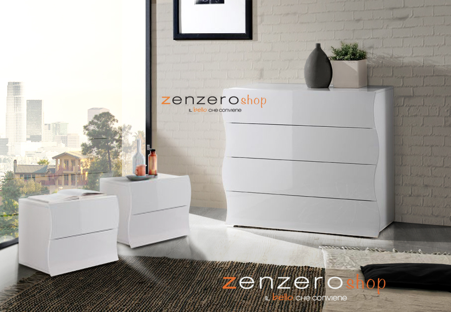 Set Completo, Coppia Comodini e Comò, bianco lucido, linea onda