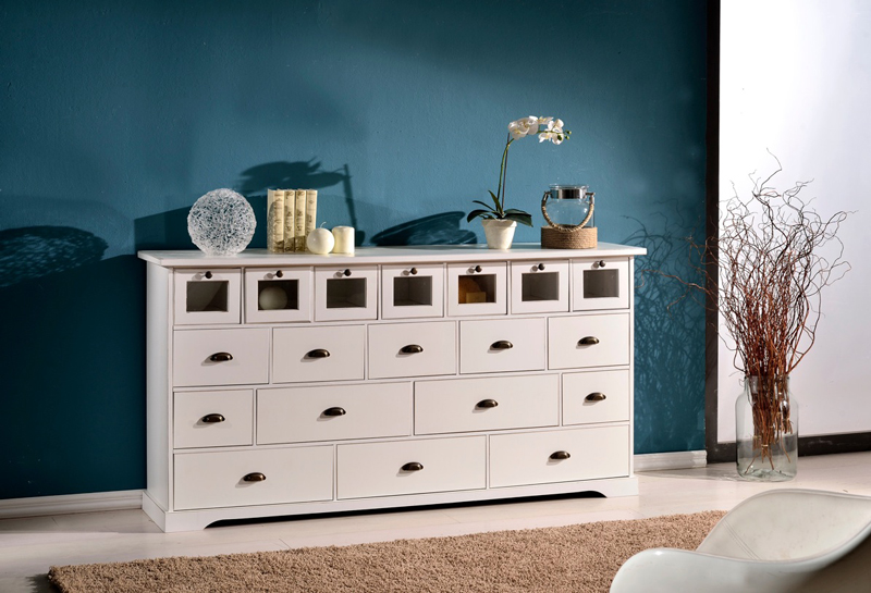 Cassettiera in legno finitura laccato bianco opaco, con 19 cassetti 180x90