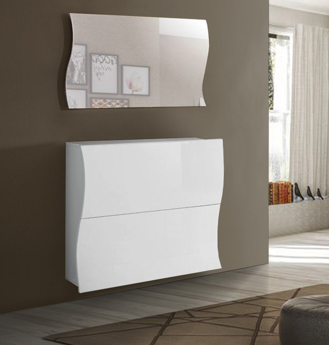 Scarpiera a 2 ante sagomate bianco laccato lucido, linea onda