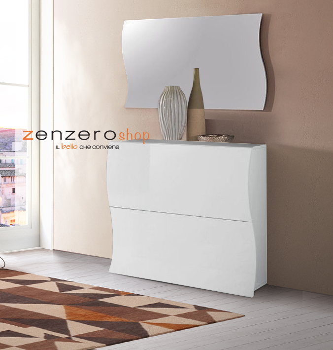 Scarpiera a 2 ante sagomate bianco laccato lucido, linea onda