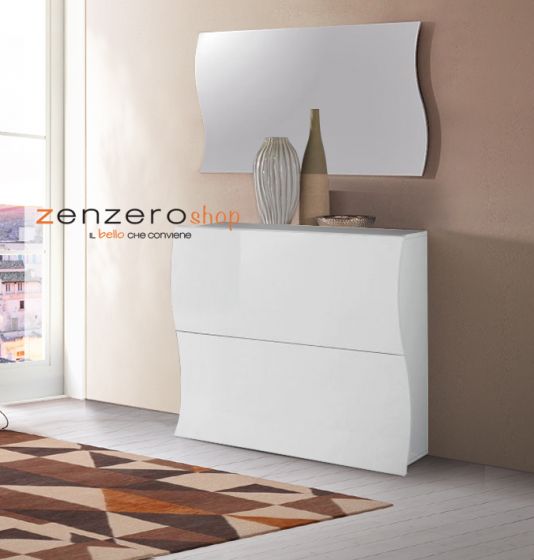 Scarpiera bianca laccata lucida di design, con 2 ante sagomate 