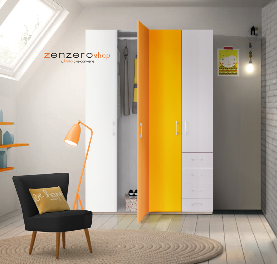 Armadio H.195 per camerette con 4 ante battenti e 4 cassetti in finitura LACCATO