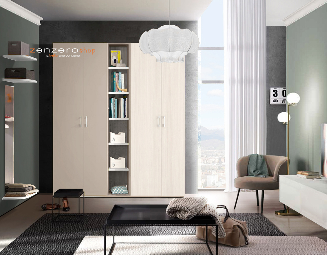 Armadio H.195 con 4 ante battenti e libreria centrale in Larice e Tortora LACCATO