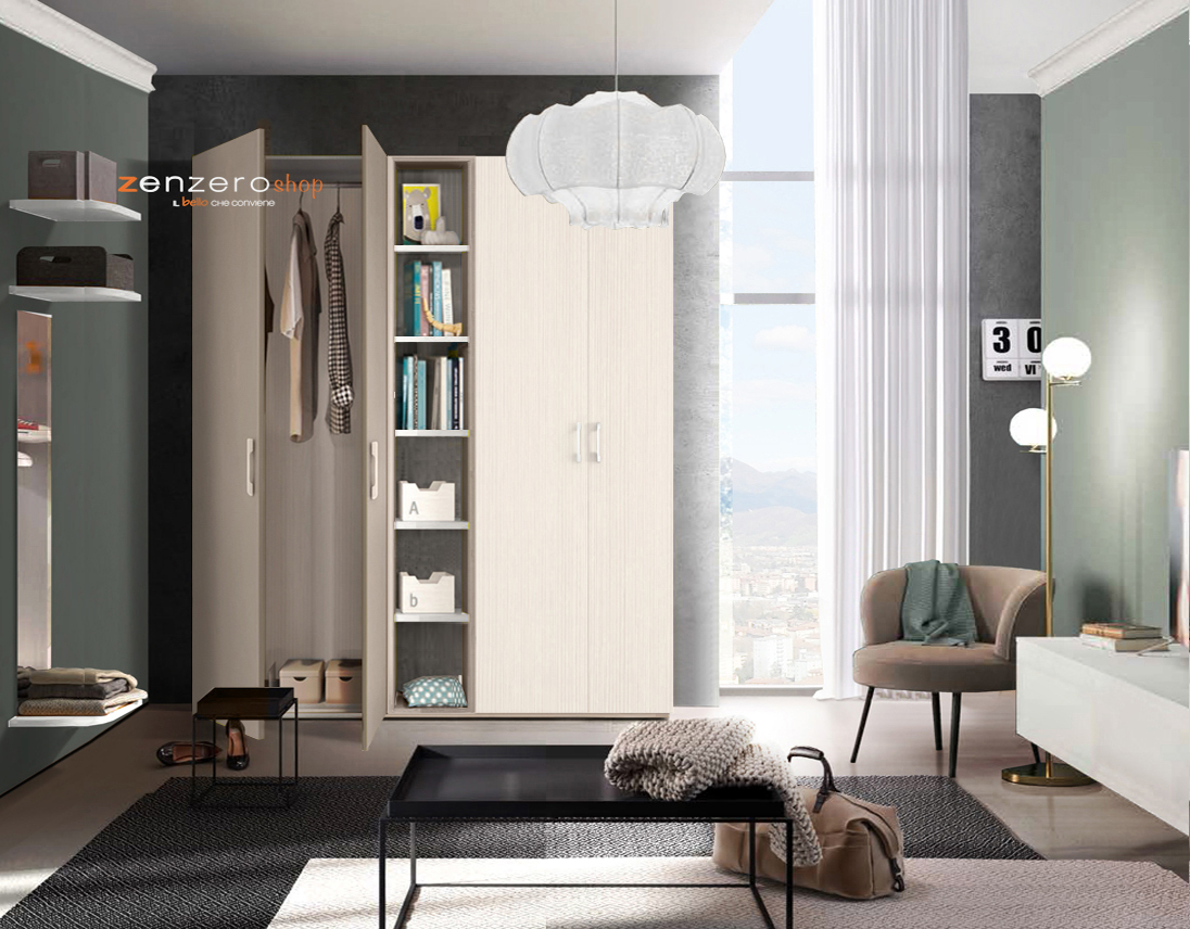 Armadio H.195 con 4 ante battenti e libreria centrale in Larice e Tortora LACCATO