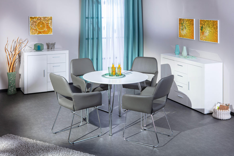 Tavolo rotondo in mdf laccato bianco e metallo, 100x100 cm