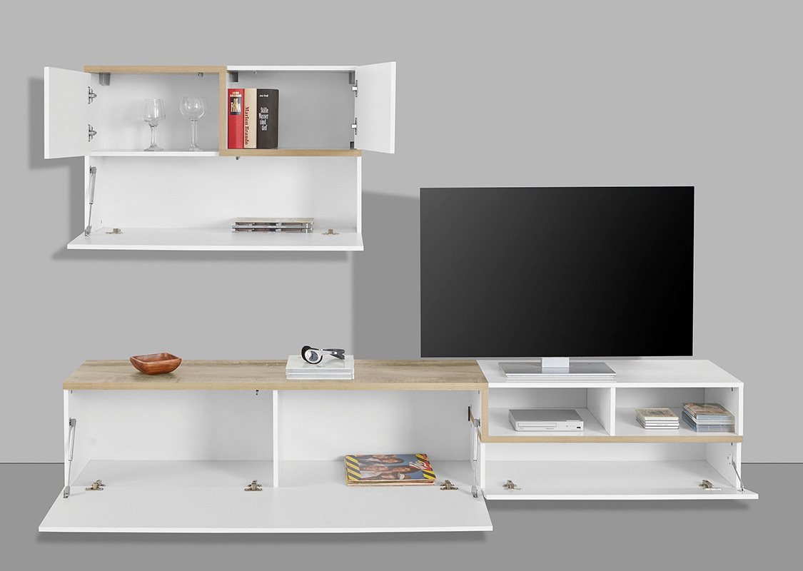 Mobile porta tv, parete attrezzata in finitura Bianco lucido e Pero