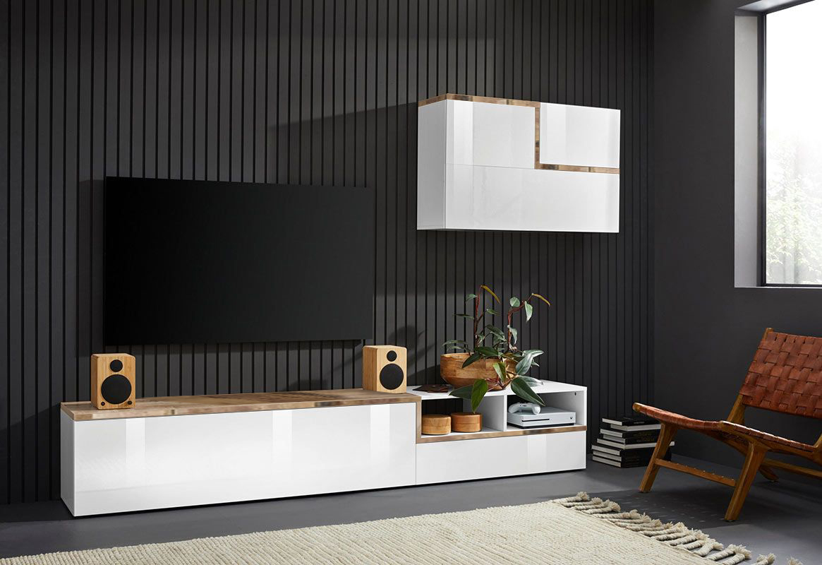 Mobile porta tv, parete attrezzata in finitura Bianco lucido e Pero
