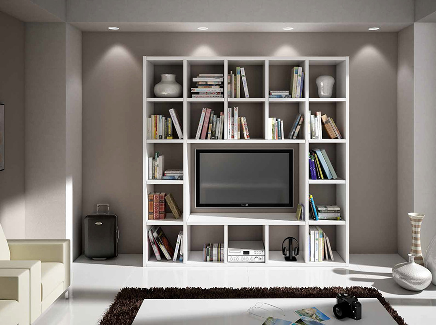 Parete attrezzata moderna di design, in legno bianco frassinato - 218X218 cm