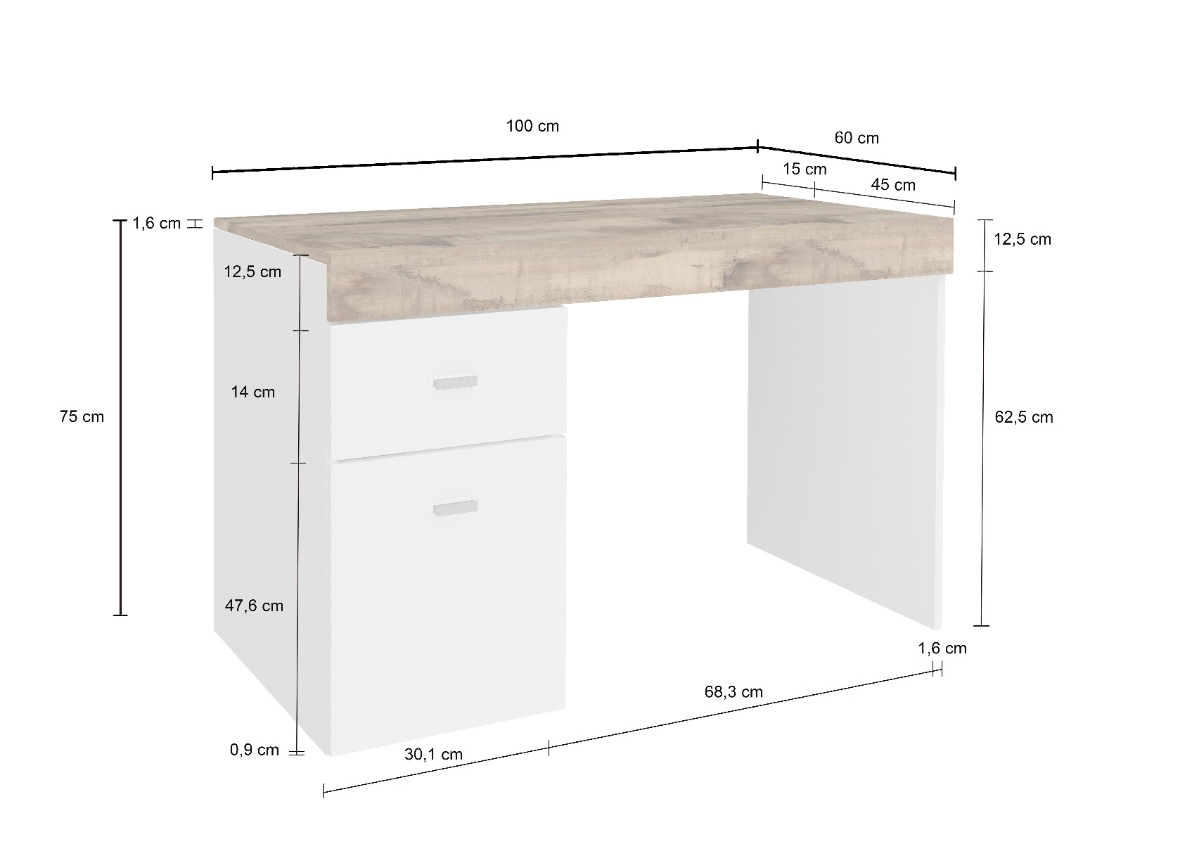 Scrivania 1 anta e 1 cassetto bianco lucido e pero, made in Italy