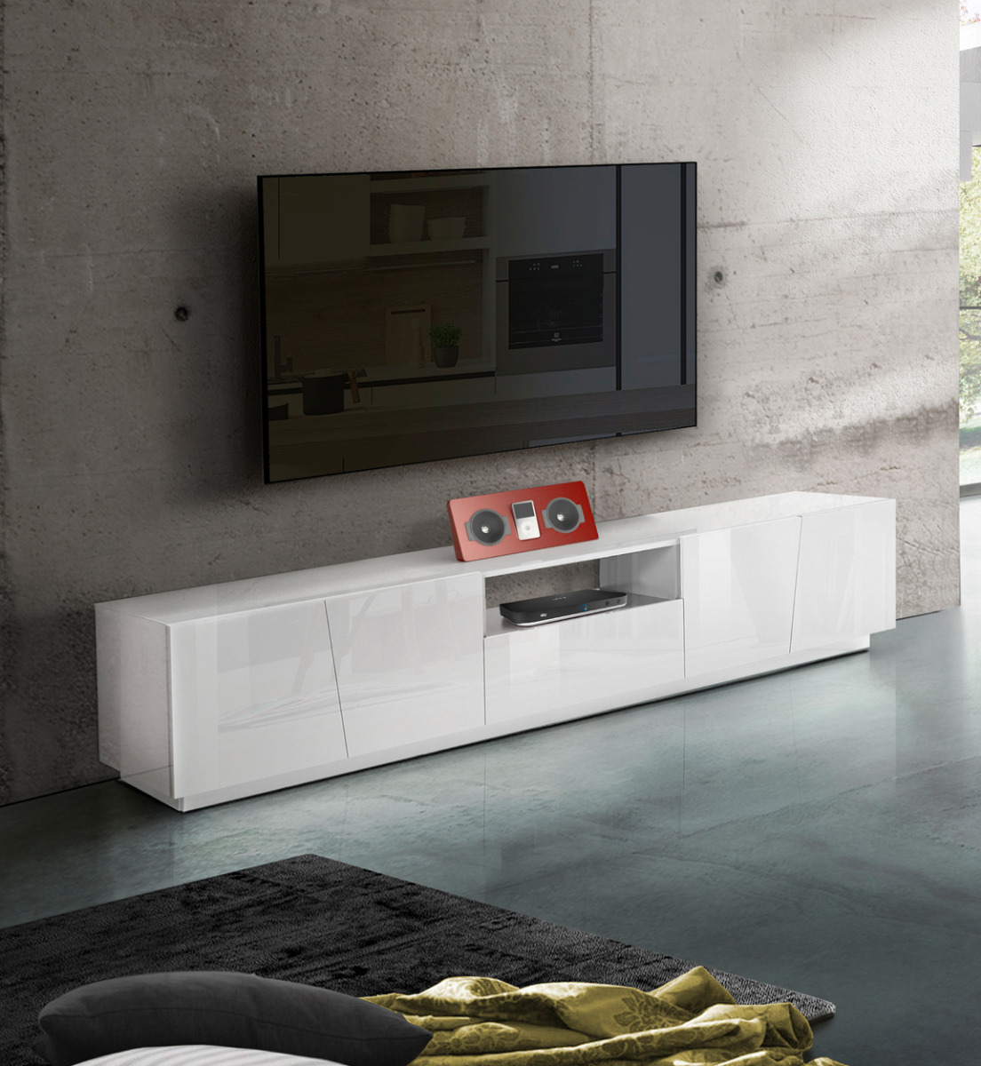 Mobili per televisori con 4 ante e 1 cassetto in finitura bianco lucido