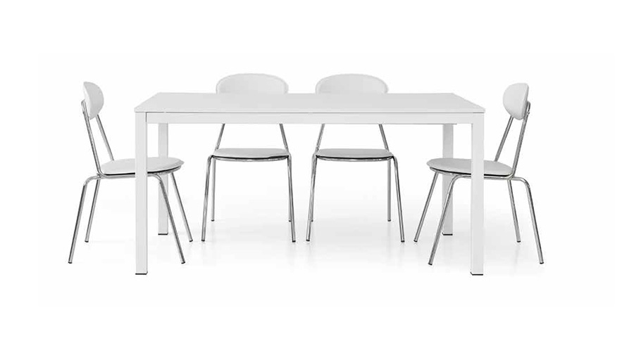 Tavolo allungabile struttura in metallo e piano in legno, finitura bianco frassinato, apertura con binario