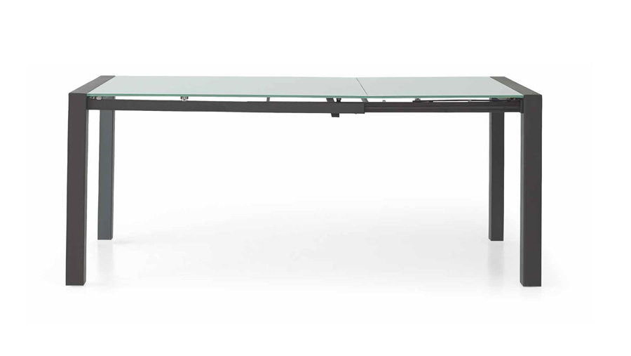 Tavolo allungabile in legno wenghe' con piano in vetro, apertura con binario