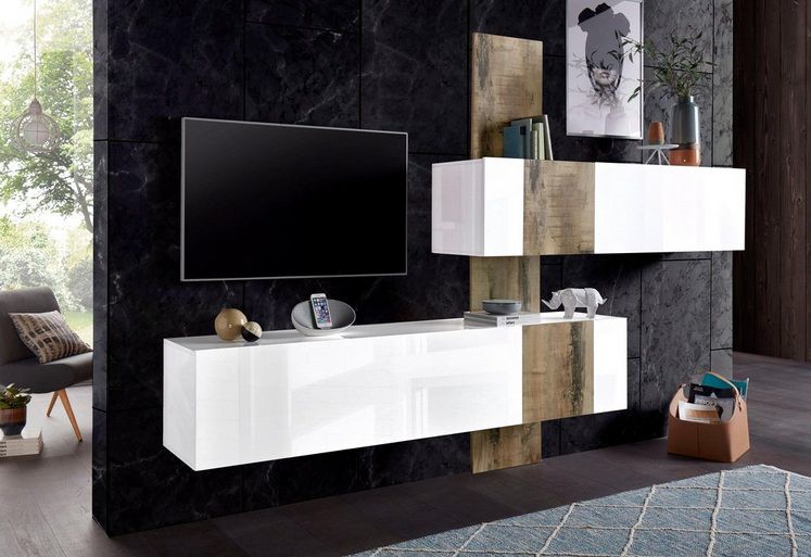 Parete attrezzata moderna finitura Bianco lucido e Pero