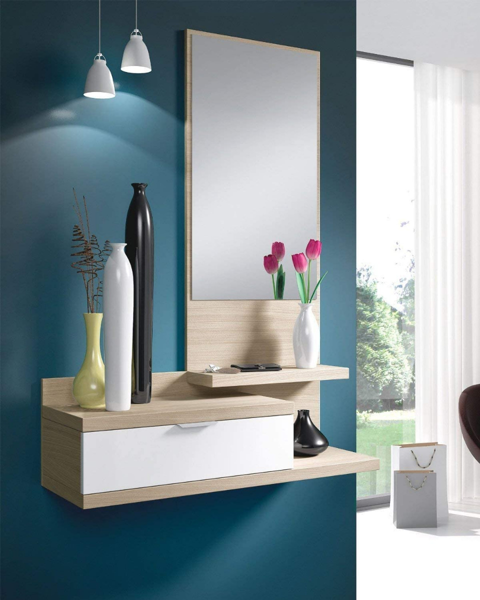 Mobili da ingresso con specchio e cassetto bianco lucido e rovere chiaro