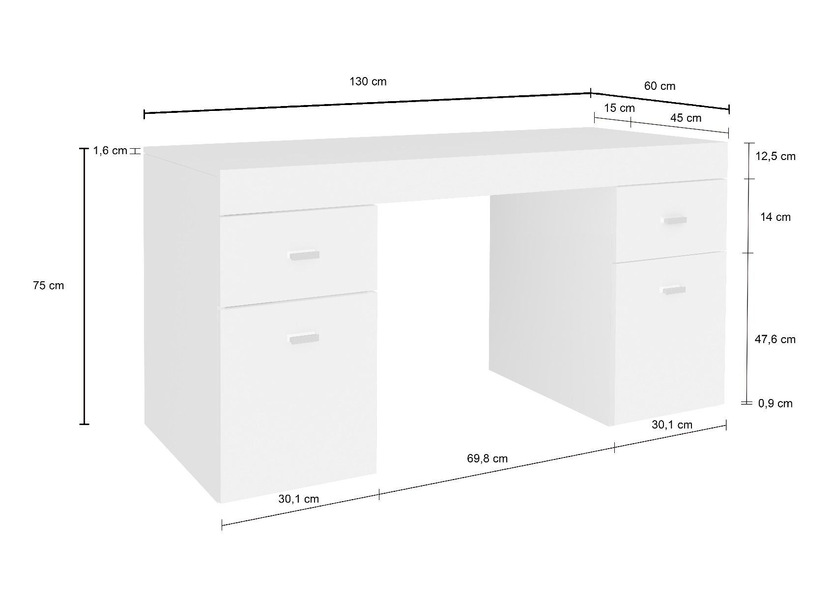 Scrivania 2 ante e 2 cassetti bianco larice e bianco lucido, made in Italy