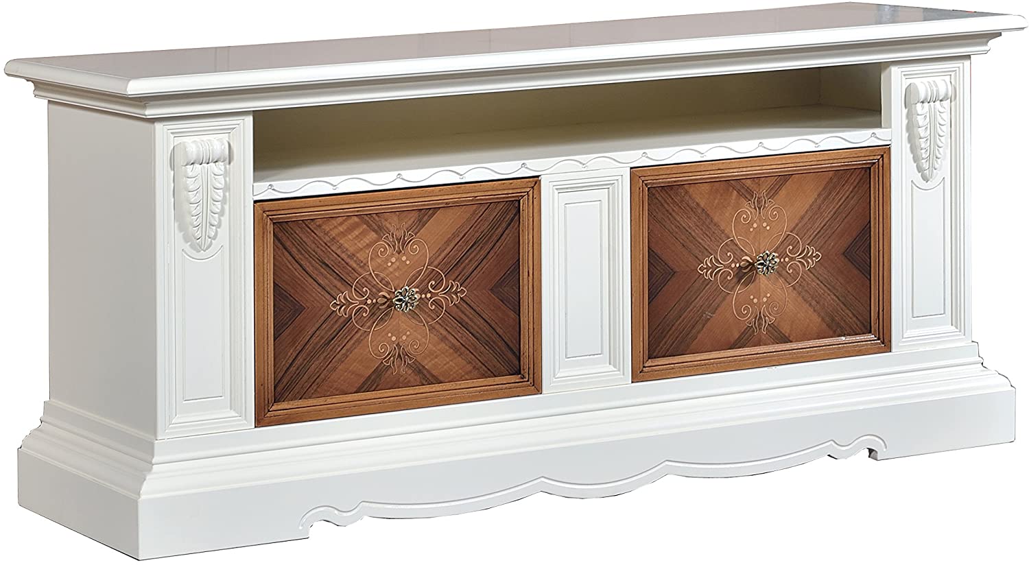 Base credenza / Porta TV in legno finitura avorio e noce grano, con 2 cassetti intarsiati e vano a giorno 170x78