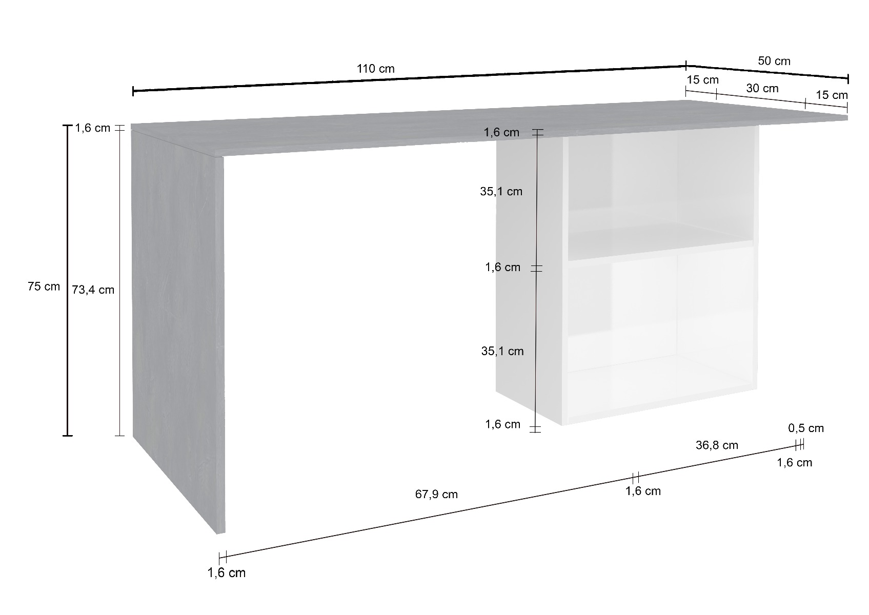 Scrivania bianco lucido e ardesia, con vani contenitore, made in Italy