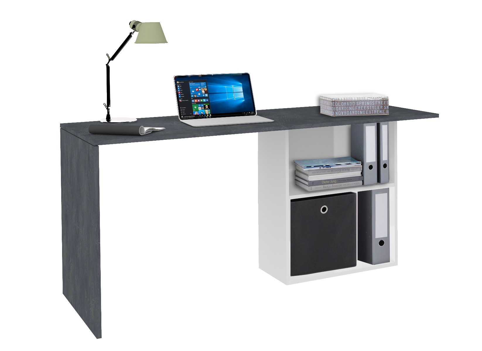 Scrivania bianco lucido e ardesia, con vani contenitore, made in Italy