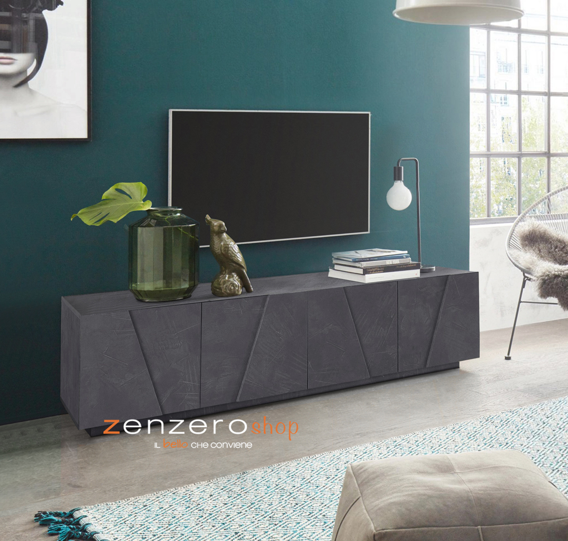 Mobile porta Tv a 4 ante con disegni geometrici in finitura Ardesia