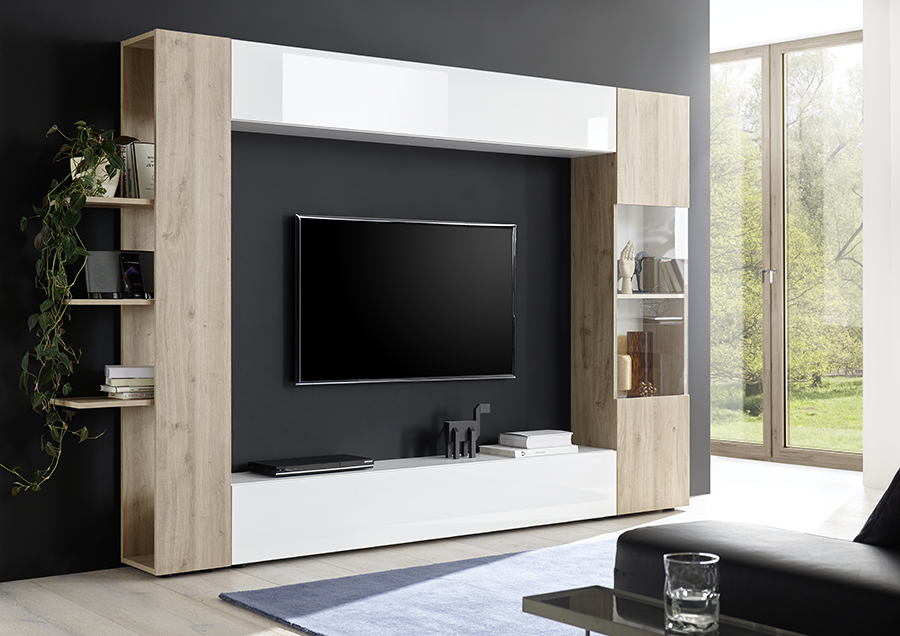 Soggiorno Rovere e Bianco con pensili, design moderno