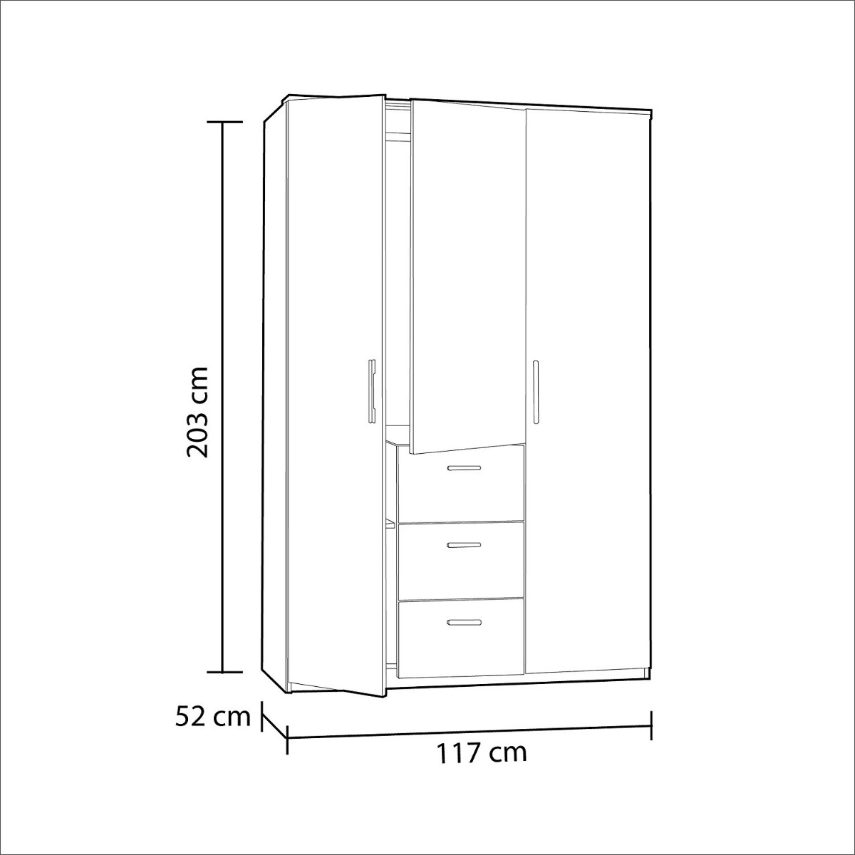 Armadio moderno, bianco lucido, 3 ante battenti e 3 cassetti