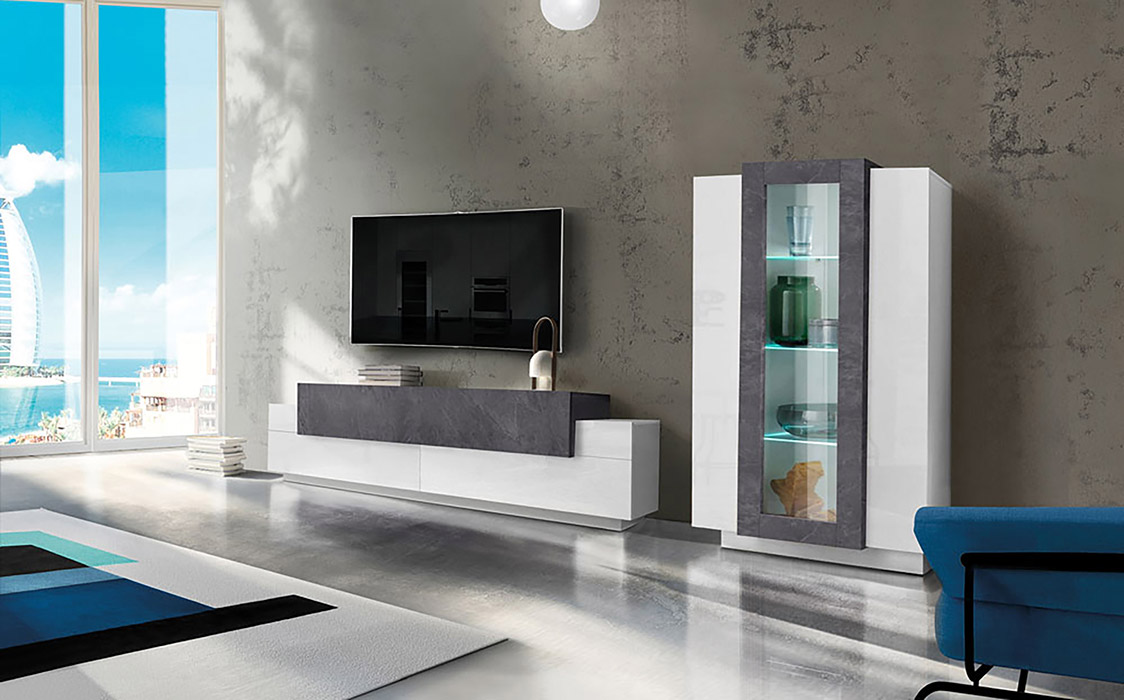 Soggiorno moderno con vetrina e porta tv in finitura Bianco lucido e Ardesia