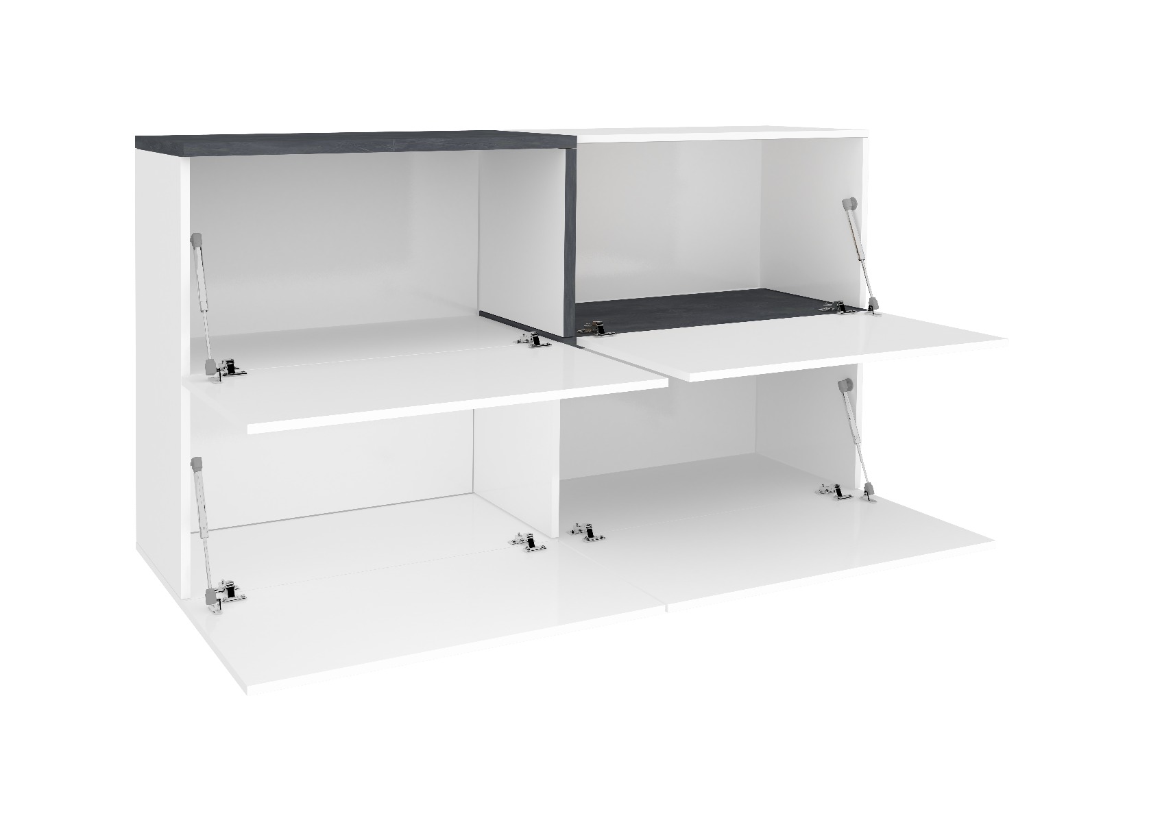 Madia moderna con 4 ante ribalta, finitura bianco lucido e ardesia, made in Italy