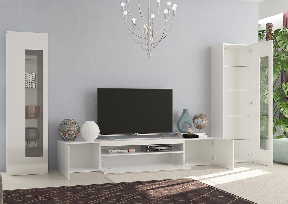 Soggiorno con 2 vetrine e una base porta Tv in finitura Bianco lucido 
