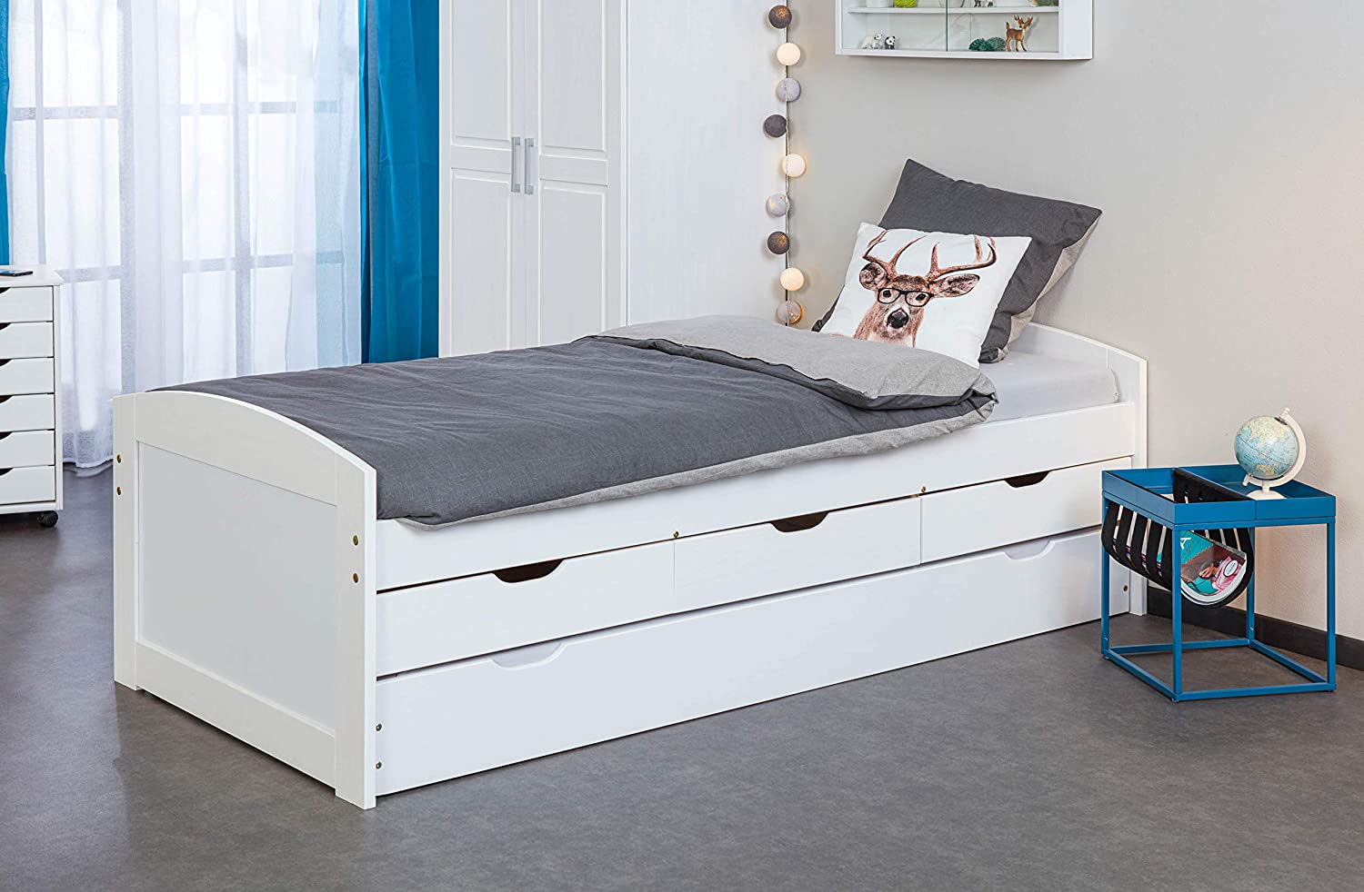Letto in pino massello bianco o legno naturale con secondo letto e 3 cassetti