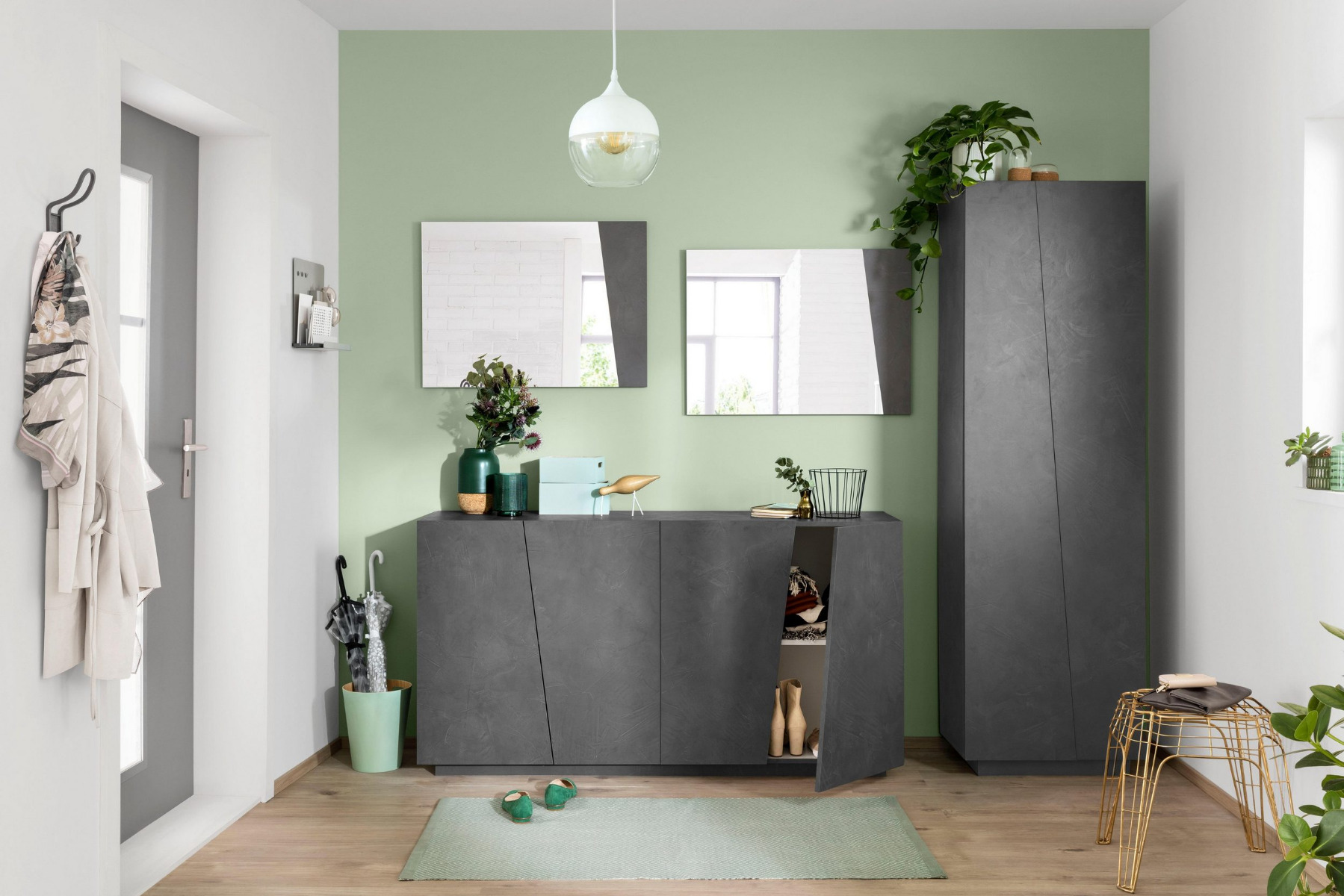 Composizione d'ingresso, Madia, Armadio e Specchiere, finitura Ardesia