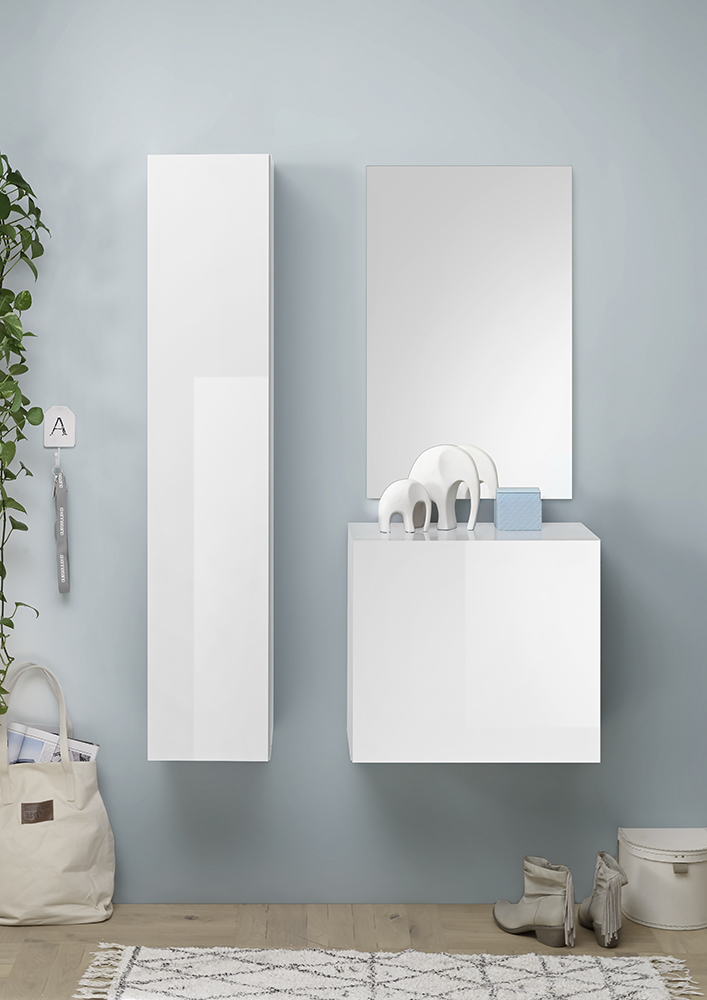 Mobile da ingresso con specchio e colonna, finitura bianco laccato lucido