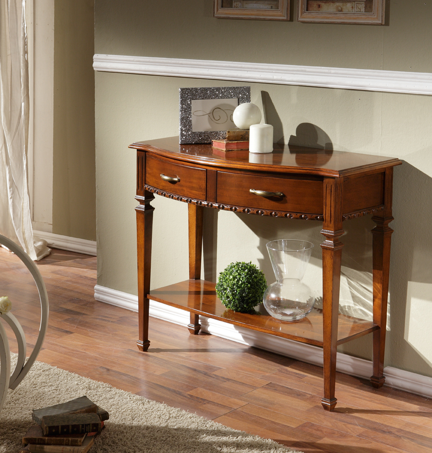 Elegante Consolle sagomata in legno finitura bassano, con ripiano inferiore e due cassetti 93x78