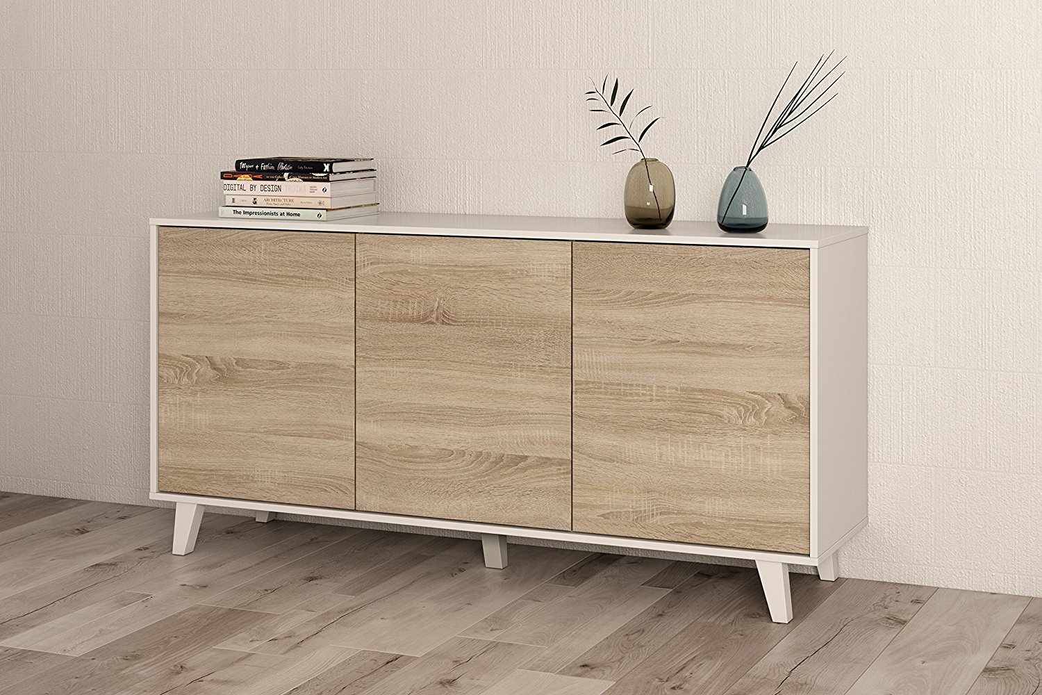 Credenza, Madia 3 ante, finitura bianco lucido e rovere canadian