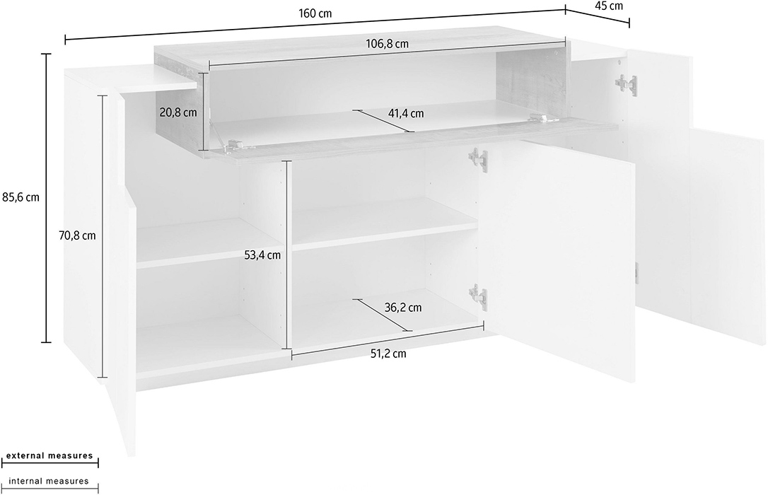 Madia moderna di design con 3 ante e una ribalta in finitura Bianco lucido e Pero